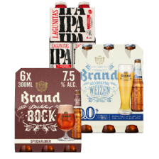 Brand IPA, IPA 0.0%, Weizen, Weizen 0.0%, Dubbelbock of Lagunitas